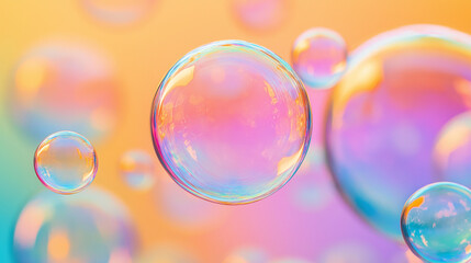 Rainbow soap bubbles on bright colorful background close up