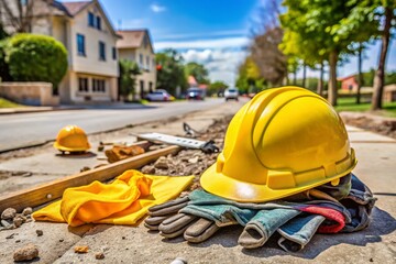Yellow hard hat, safety vest, and gloves lie on a concrete sidewalk amidst construction tools and debris in