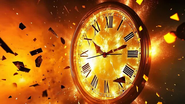 A clock explodes amidst vibrant flames, shards flying in all directions. The scene is brightly lit, depicting chaos and destruction, likely taking place at night. The clock faces 3 o'clock.