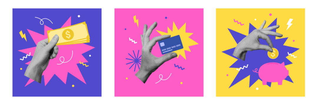 Collage designs with hands holding coin, credit card and banknote. Online shopping, banking or savings concept. 