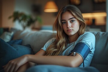 Young Woman Managing Hypotension with Digital Device on Couch