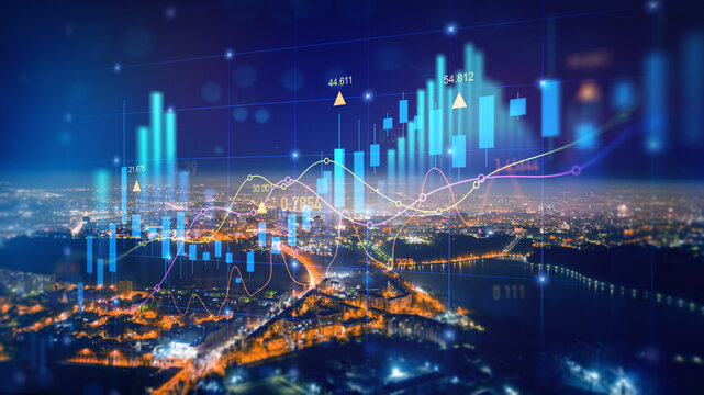 Trade technology, and investment analysis.Big data chart on city backdrop.Business development, financial plan and strategy.Analysis finance graph and market chart investment.