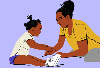 Adult woman teaches a small child how to tie shoelaces on a purple background.
