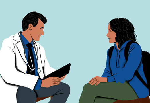 Female patient with a backpack sitting across from a male doctor who is holding a tablet during a consultation.