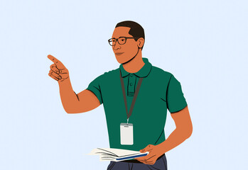 Confident young man with glasses pointing and holding a book against a light blue background.