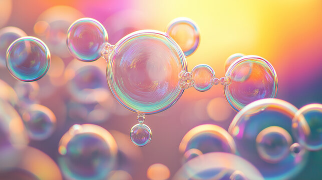 Rainbow soap bubbles on bright colorful background close up