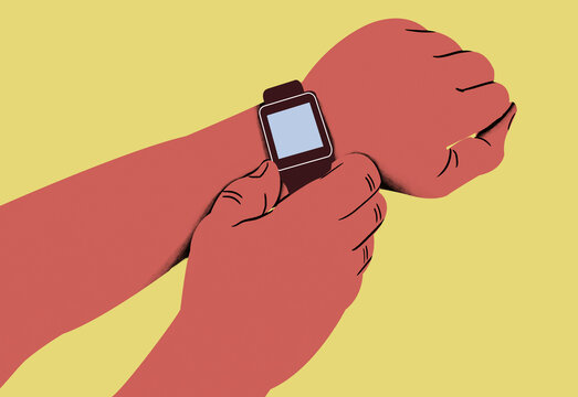 Close-up of two hands, one fastening a smartwatch on the other's wrist against a yellow background.
