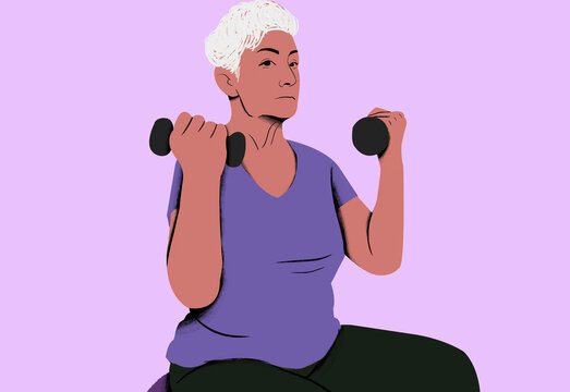 Senior woman exercising with dumbbells on a purple background, focused on her fitness routine.