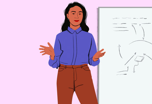 Animated young woman in a blue blouse and brown trousers standing next to a whiteboard with drawings.
