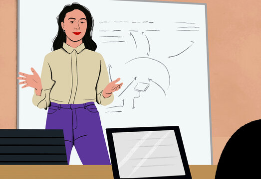 Animated character presenting a diagram of wind power generation in a classroom setting.
