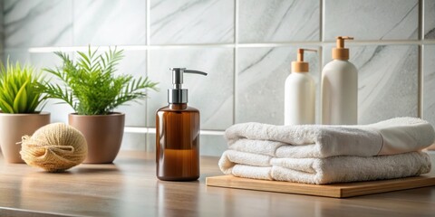 Ceramic shampoo soap bottle and towels on bathroom counter with copy space