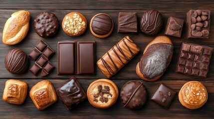 An assortment of chocolate pastries and confections arranged on a wooden surface, featuring various shapes and textures