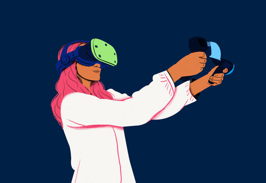 Animated character wearing a virtual reality headset and holding controllers immersed in a VR experience.