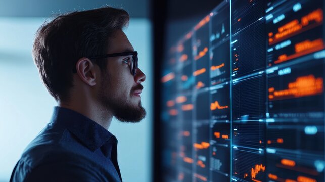 A focused professional analyzing data on a digital screen, showcasing modern technology and data visualization techniques.
