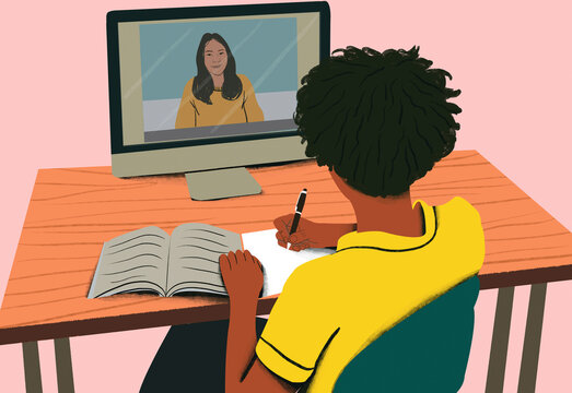 A person takes notes from a video lesson with a female instructor on the computer screen, emphasizing online learning.