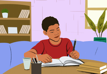 Young boy focused on writing in a notebook at a table with a cup and stationery nearby, indoors.