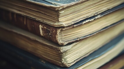 Naklejka premium A textured stack of old books placed together, focusing on the intricate details of their covers and worn edges