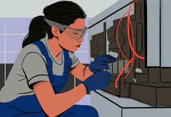 Electrician in protective gear working on a fuse box with a red cable in hand