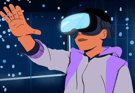 Animated character wearing virtual reality headset reaching out against a futuristic grid background.