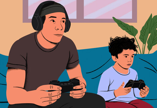 Two people playing video games with focused expressions in a cozy room setting.