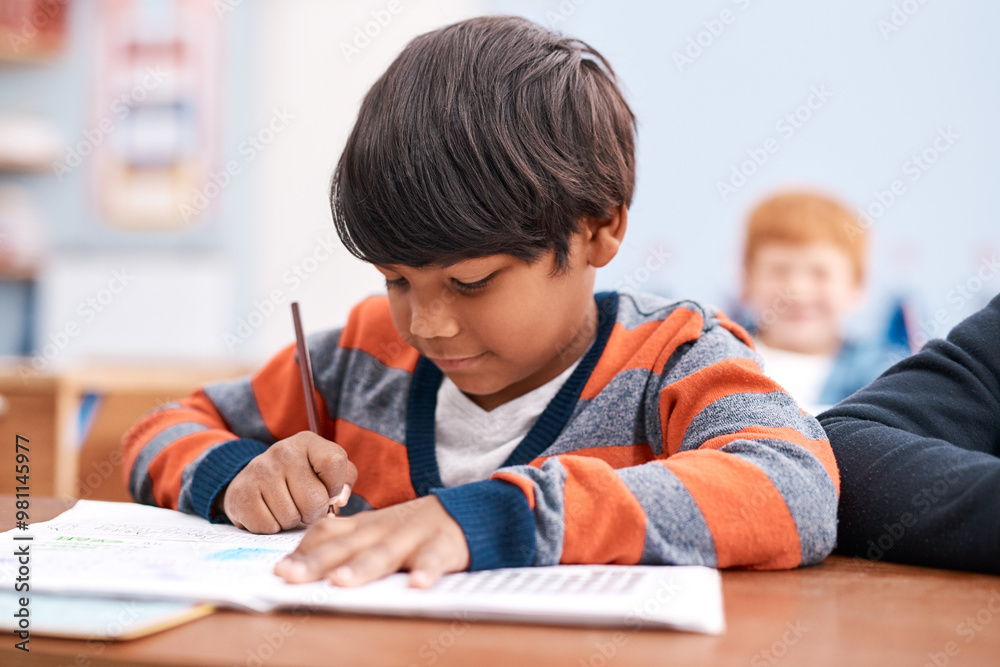 Aufkleber Notebook, writing and boy in classroom for lesson in growth, child development and book for education. Problem solving, learning and students with exam notes, knowledge and study at elementary school
