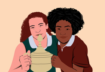 Two smiling teenagers engaging in a pottery class, collaboratively shaping a clay pot on a beige background.