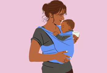 A smiling woman lovingly cradles a sleeping infant in a blue baby carrier against a pink background.