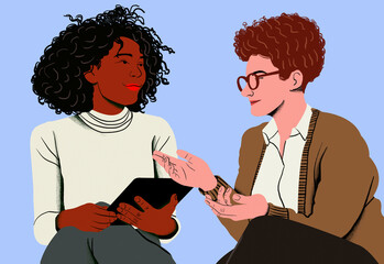 Two individuals engaging in a friendly conversation with a digital tablet in hand.