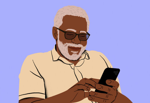 Elderly man with glasses smiling while using a smartphone against a purple background.
