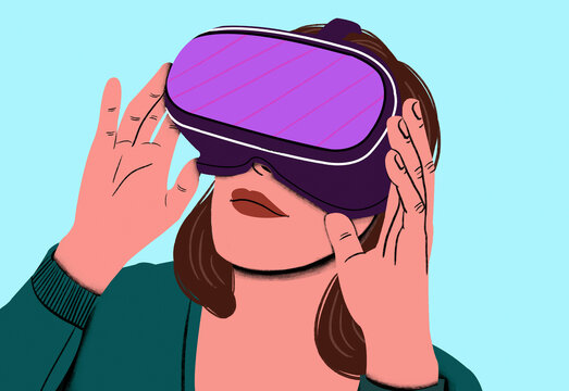 Woman experiencing virtual reality with a VR headset, touching the headset with both hands.