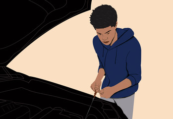 A young man checking under the hood of a car with a focused expression.