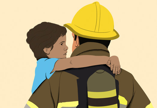Child in a blue shirt embraces a firefighter from behind, showing a moment of comfort and safety.