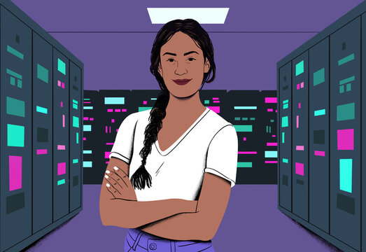 Confident woman with a braid standing in a data center with servers and glowing lights in the background.