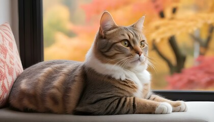 Obraz premium Cat lounging by the window with vibrant autumn colors in the background