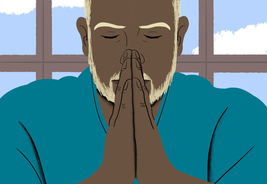 Close-up illustration of a person with closed eyes and hands clasped in prayer or meditation against a background of windows.