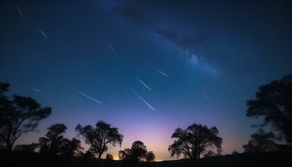 Naklejka premium Star trails over a serene landscape at dusk with silhouetted trees 