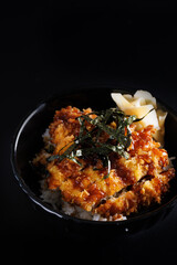 Tonkatsu teriyaki sauce with rice japanese food isolate in black background