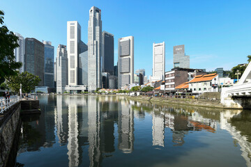 Singapore- July 13, 2024: Panoramic view of the Financial District skyscrapers along the Singapore River. 