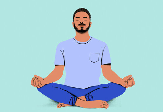 Man meditating in a lotus position with a serene expression on a pastel background.