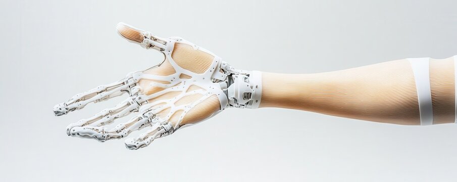 Advanced biomechanical arm with skinlike texture, fusing natural and synthetic materials, futuristic prosthetics concept