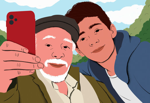 Senior man and young male taking a selfie together outdoors with a smartphone, showcasing an intergenerational bond.