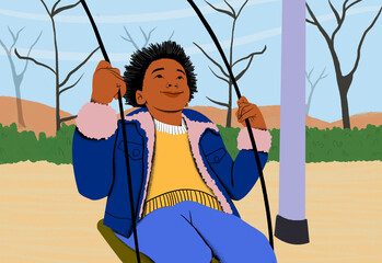Smiling child enjoying a swing ride in a park with bare trees in the background.