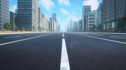 Fototapeta premium Bustling Urban Skyline with Towering Skyscrapers and Busy Roadway