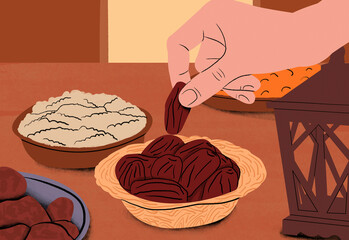 Hand-drawn illustration of a person's hand picking dates from a bowl with a plate of cookies and another bowl of dates in the background.