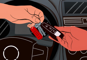 Close-up illustration of two hands exchanging a car key with a remote control inside a vehicle.