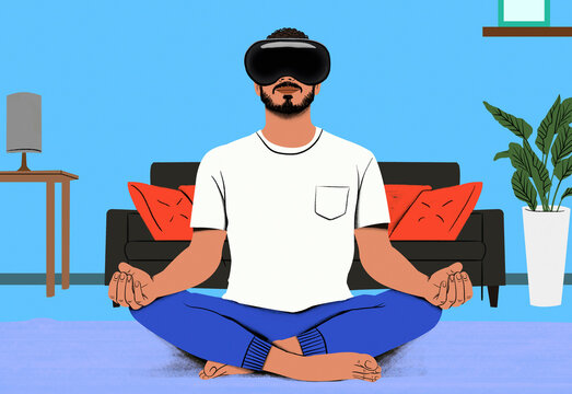 A man sits cross-legged on the floor meditating with a virtual reality headset on in a cozy living room setting.