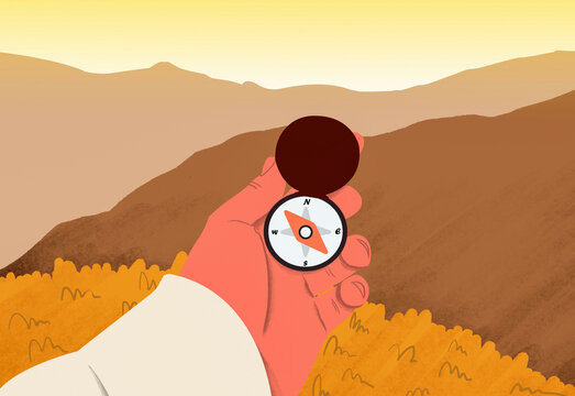 A hand is holding a compass against a scenic backdrop of golden rolling hills under a soft gradient sky.