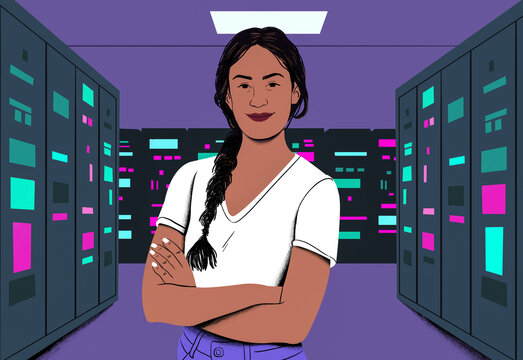 Confident female technician standing with arms crossed in a data center with servers.