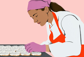 Female pastry chef decorating cupcakes with precision and care.