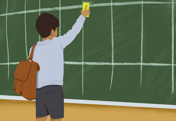 Young student with a backpack writing on a chalkboard in a classroom.